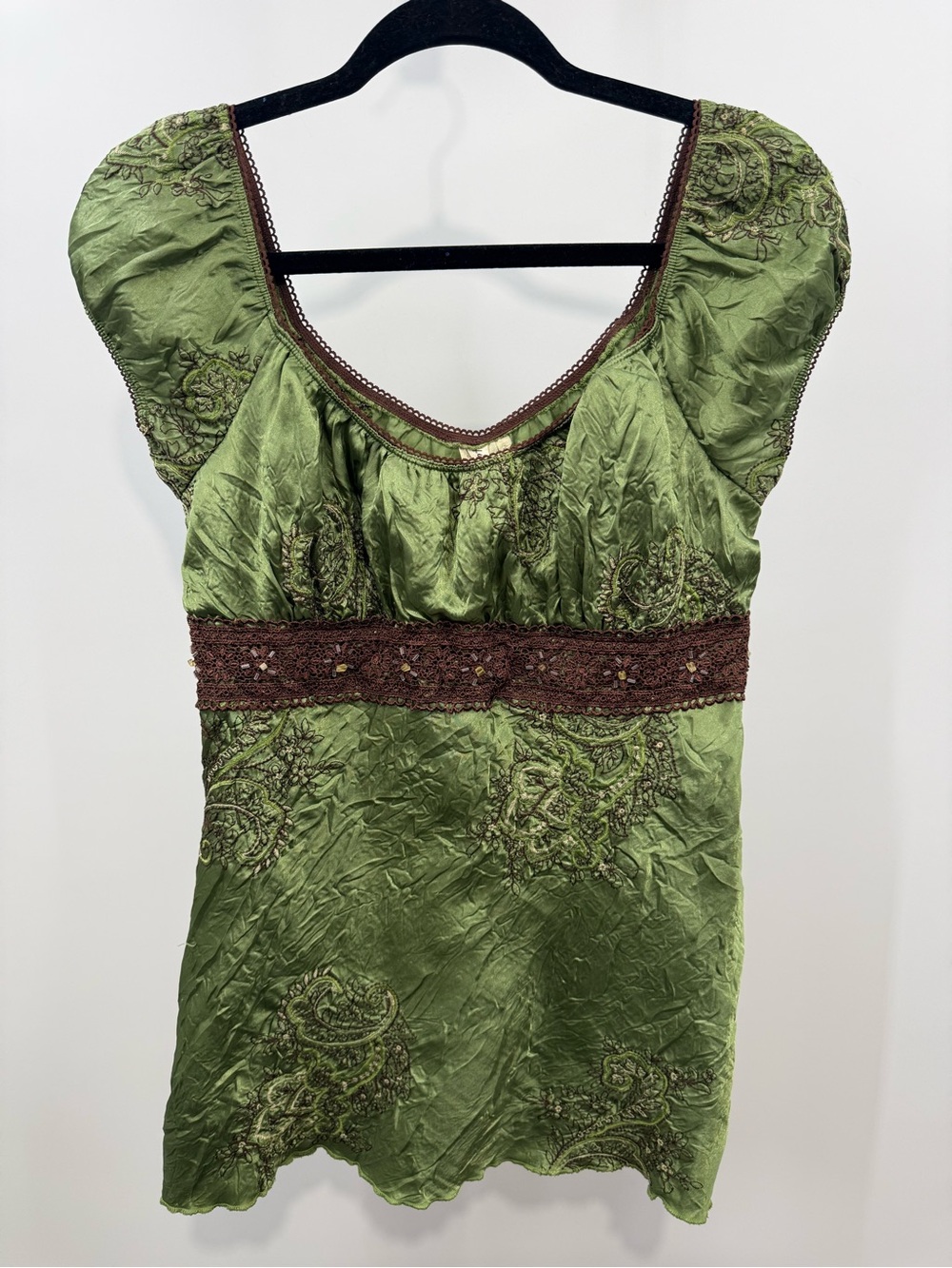 Heart Soul Y2K Boho Embroidered Lace Trim Peasant Top Size Large Olive Green